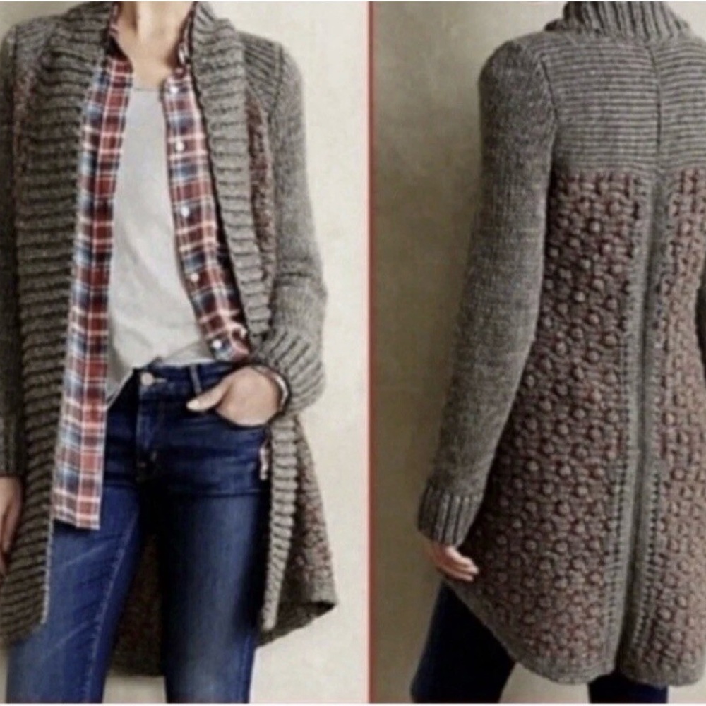 MOTH Anthropologie Gray Knit Duster Open Front Cardigan Honeycomb Stitch S